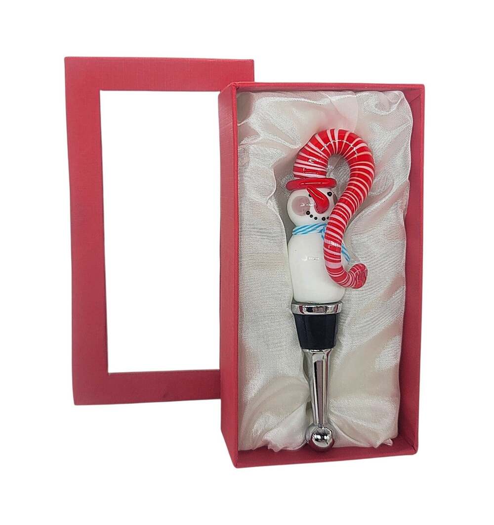 Snowman Art Glass Wine Bottle Stopper In Box Christmas Winter Large 5.5" CB